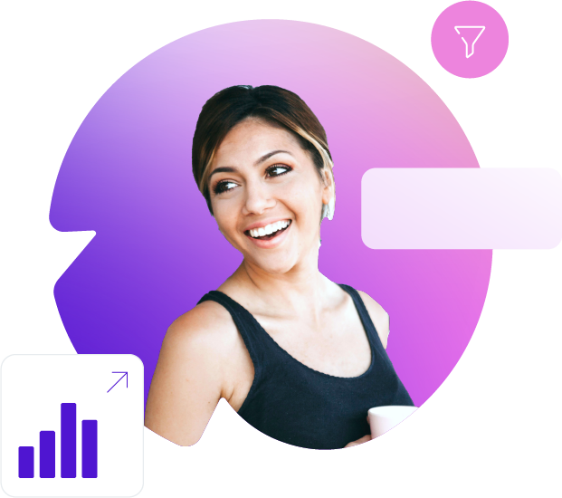 Marketer smiling, analytics in background